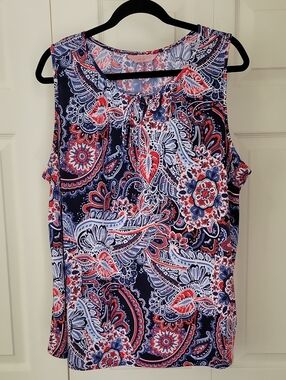 Amiana Navy Paisley Tie-Neck Sleeveless Tank Blouse with Red & White Accents